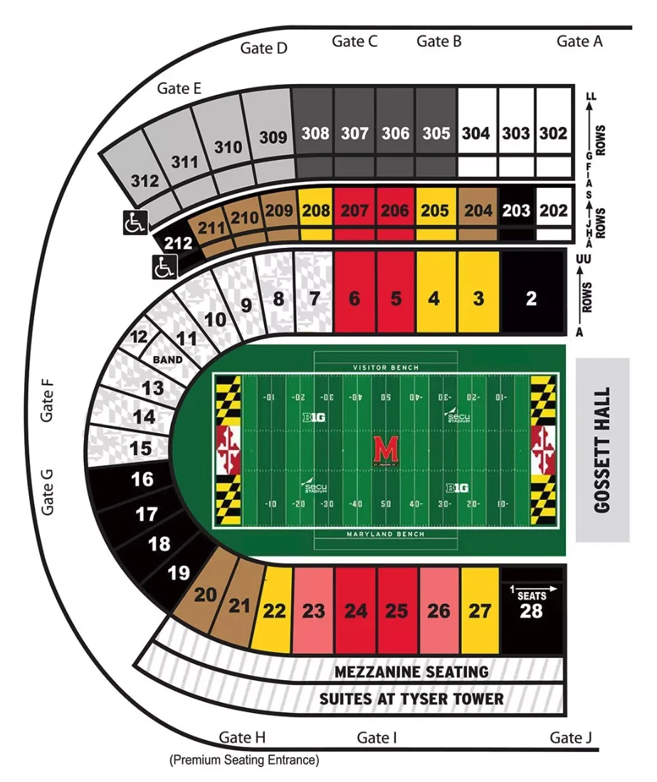 SECU Stadium seating chart showing Sections 2, 203 and 311
